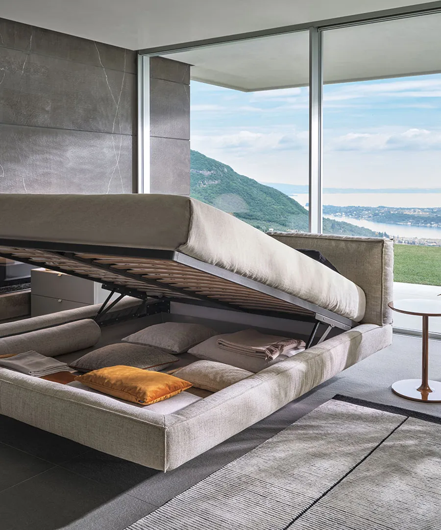 Letto matrimoniale contenitore Academy Piuma con testiera imbottita